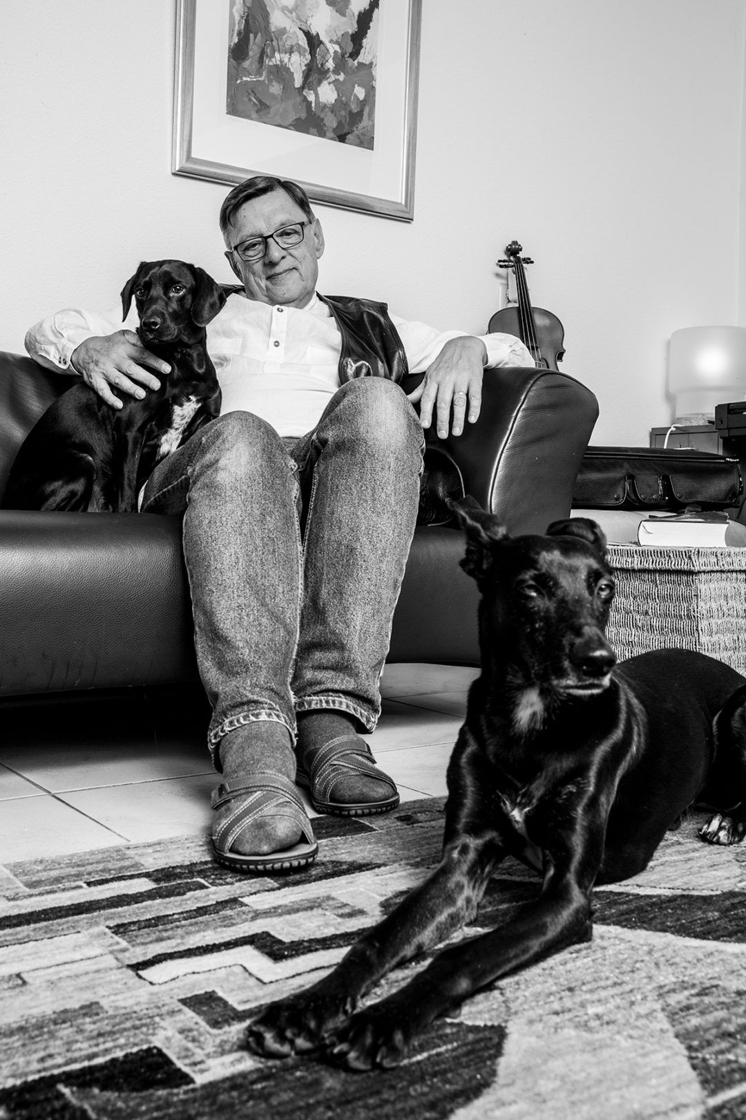 Ongedwongen portretfoto bestuurder thuis met honden